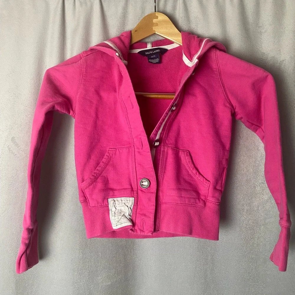 Ralph Lauren Kids Colorful Barbiecore Pink Button front Hoodie girls 7